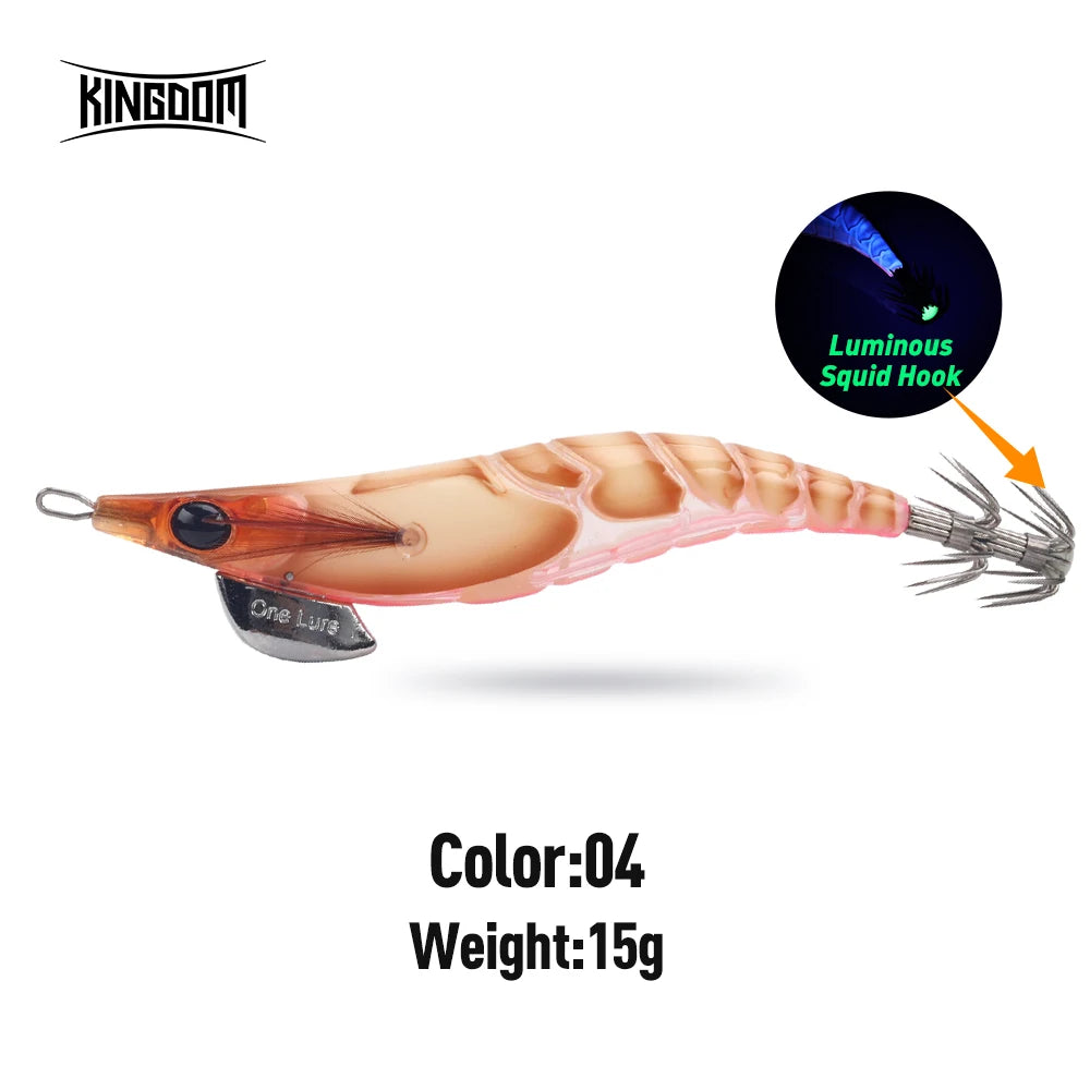 Kingdom EGI Squid Jig | Slow-Sinking Luminous Squid Lure | Wood Shrimp Style | Sizes 1.8–3.5