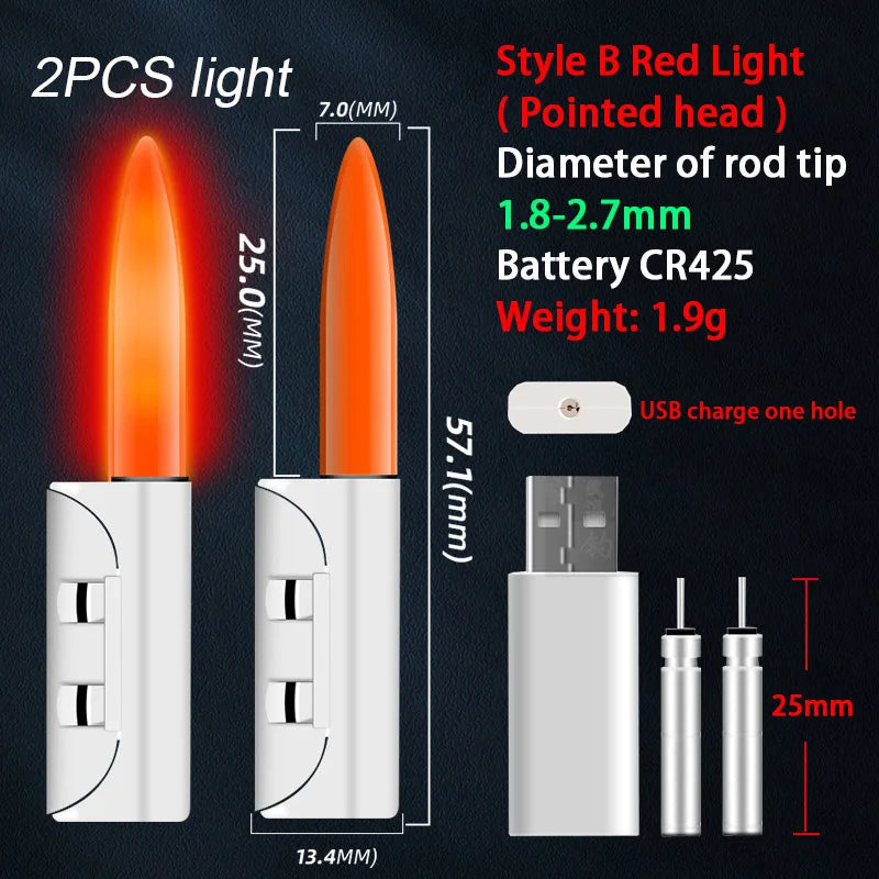 LED Rod Tip Lights – Rechargeable CR425 Lithium Bite Indicators (2-Pack, USB Charging)