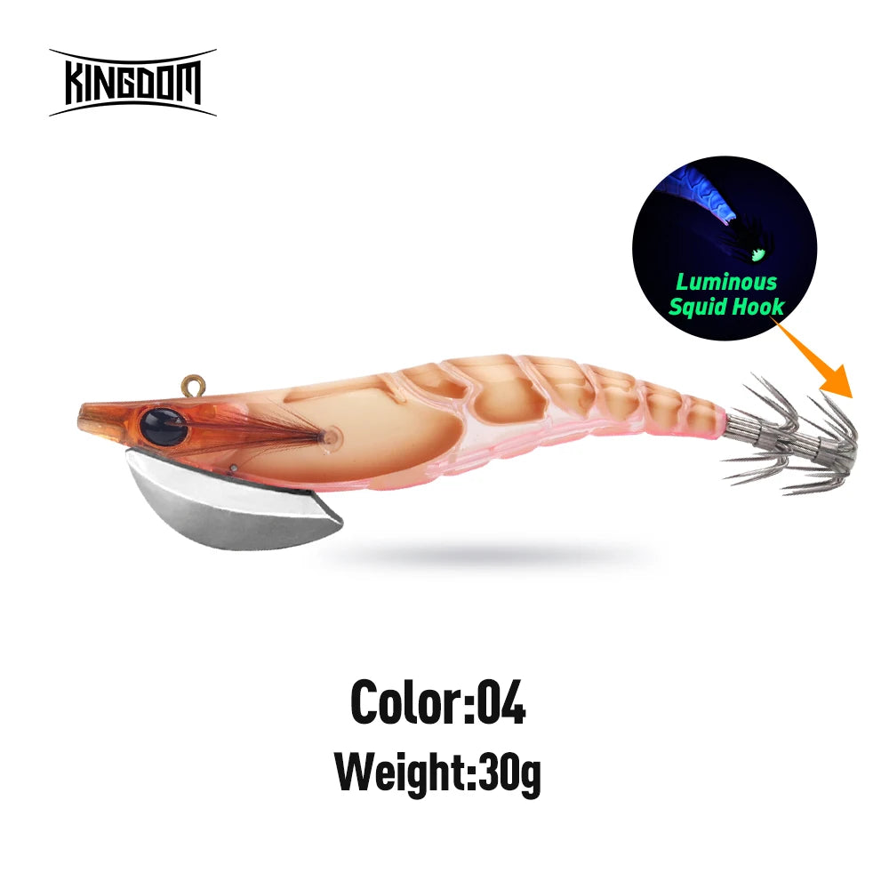 Kingdom EGI Squid Jig | Slow-Sinking Luminous Squid Lure | Wood Shrimp Style | Sizes 1.8–3.5