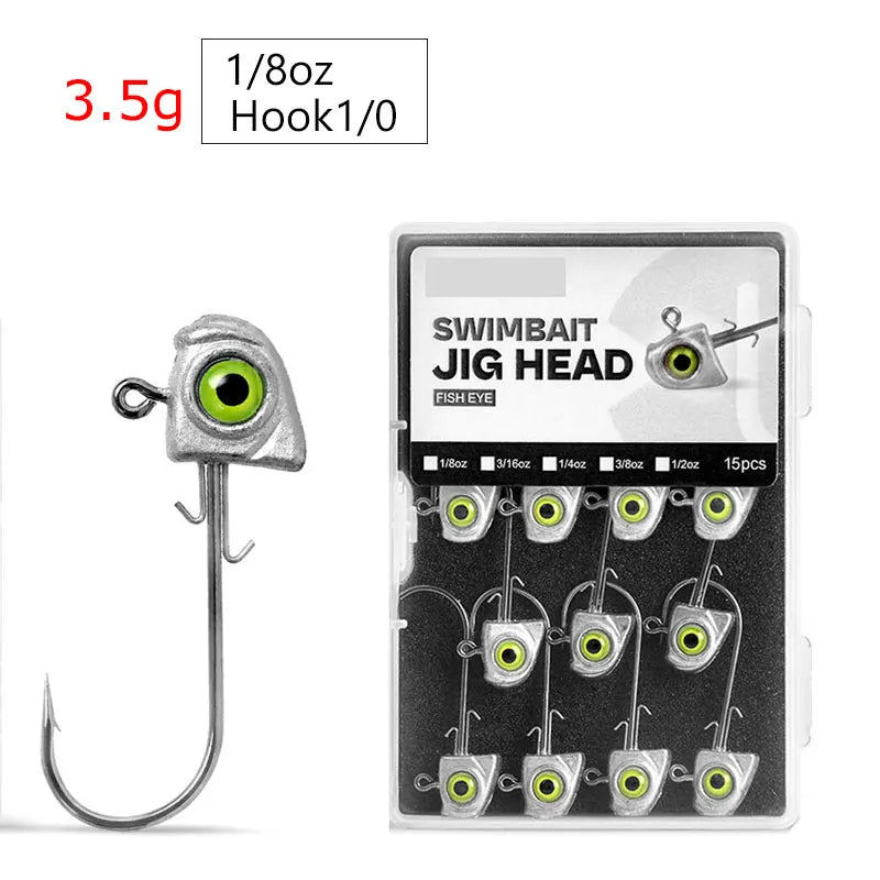15pcs Jig Head Hook Set | 3.5g–14g Soft Plastic Jig Heads for Freshwater & Inshore Fishing