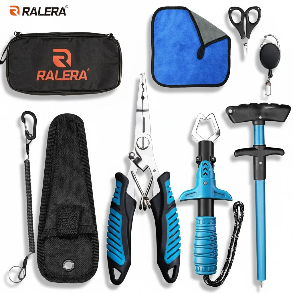 RALERA Complete Fishing Tool Set | Pliers, Fish Gripper, Hook Remover, Shears, Towel & Carry Bag