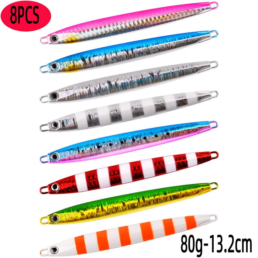 Slim Jig Set – 8 pcs 80 g Metal Jigs (Optional Hooks, Saltwater Ready)