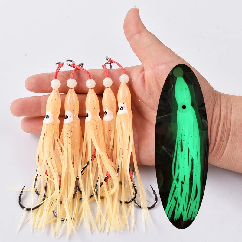 6-Piece Soft Squid Assist Hook Set – 12 cm / 5.5 g Silicone Skirt Rigs (15# Double Hooks, Saltwater)
