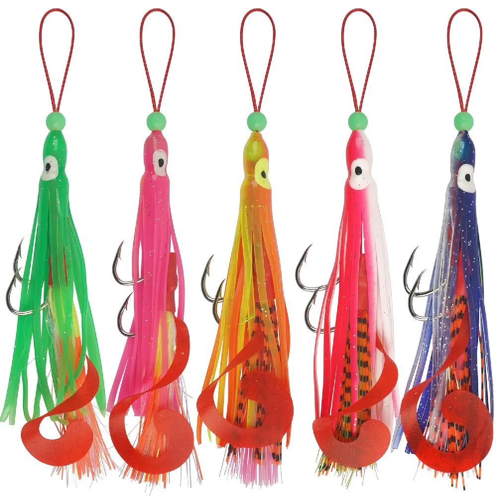 5pcs Squid Rig Jigging Lure Set | Octopus Skirt Baits with Double Assist Hooks | Offshore Fishing Lures