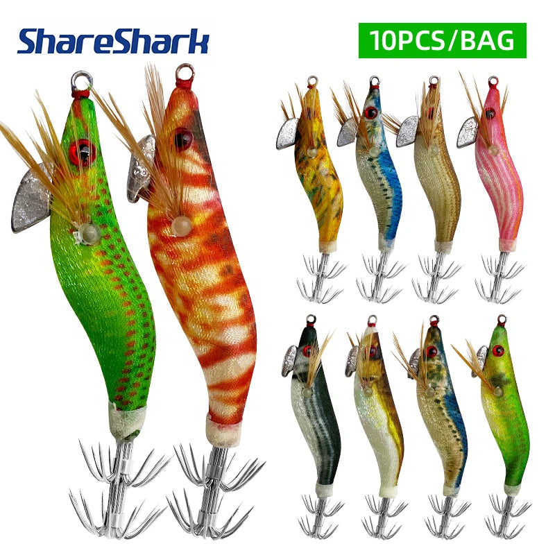 ShareShark Luminous Wooden Shrimp Squid Jigs | 10-Pack | 3D Eye Hard Squid Lures