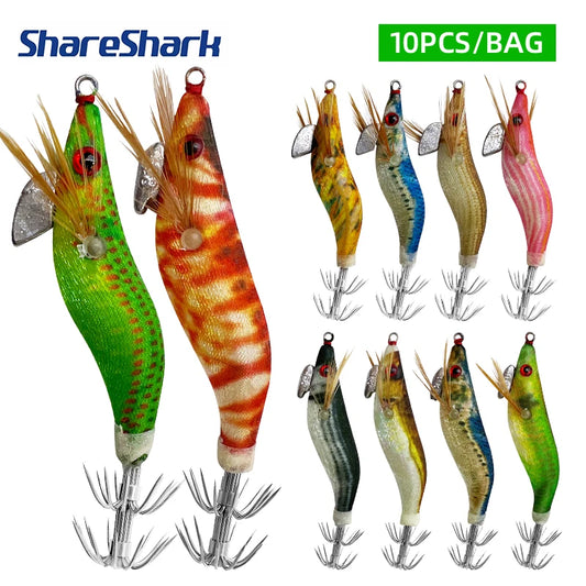 ShareShark Luminous Wooden Shrimp Squid Jigs | 10-Pack | 3D Eye Hard Squid Lures