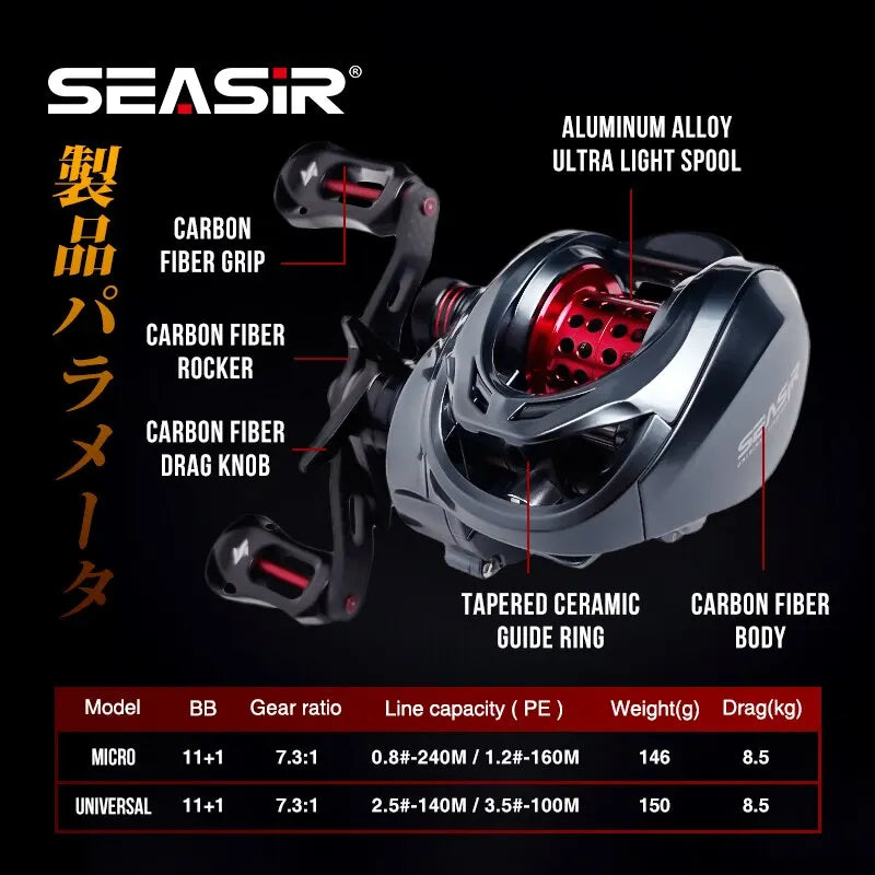 SEASIR Mansory Baitcasting Reel | 146g Ultralight Carbon | 7.3:1 HS | 11+1 Bearings | Dual Spool