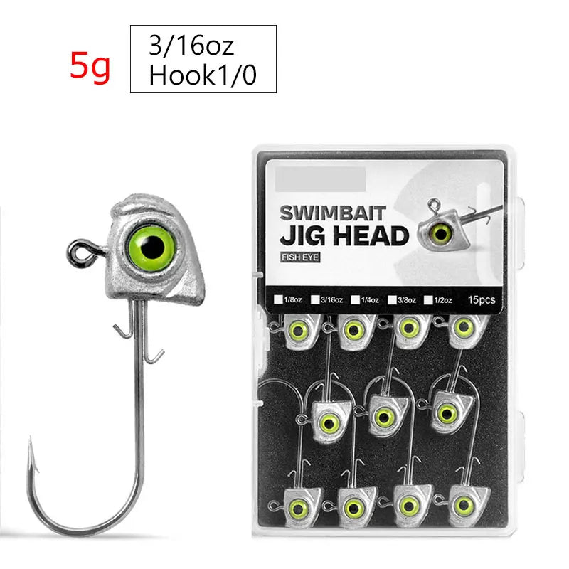 15pcs Jig Head Hook Set | 3.5g–14g Soft Plastic Jig Heads for Freshwater & Inshore Fishing