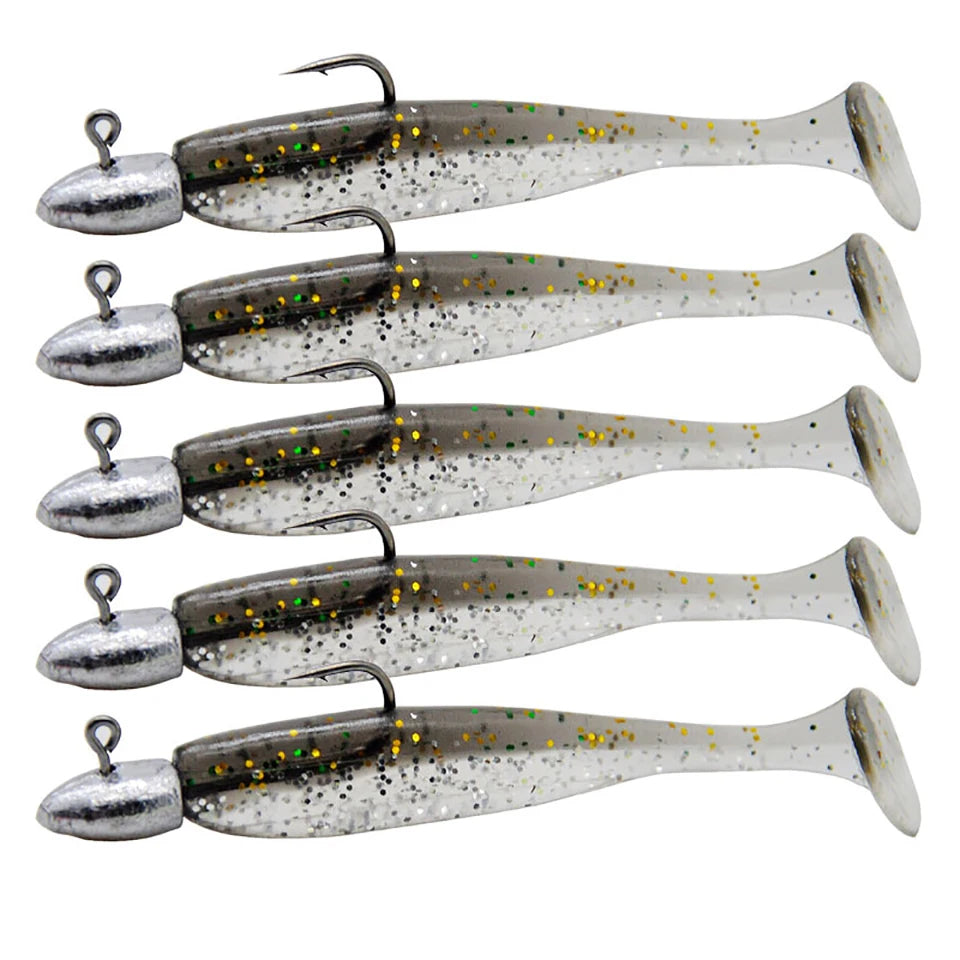 5pcs T-Tail Soft Lure Set with Jig Heads | Paddle Tail Swimbaits | Pre-Rigged Fishing Lures