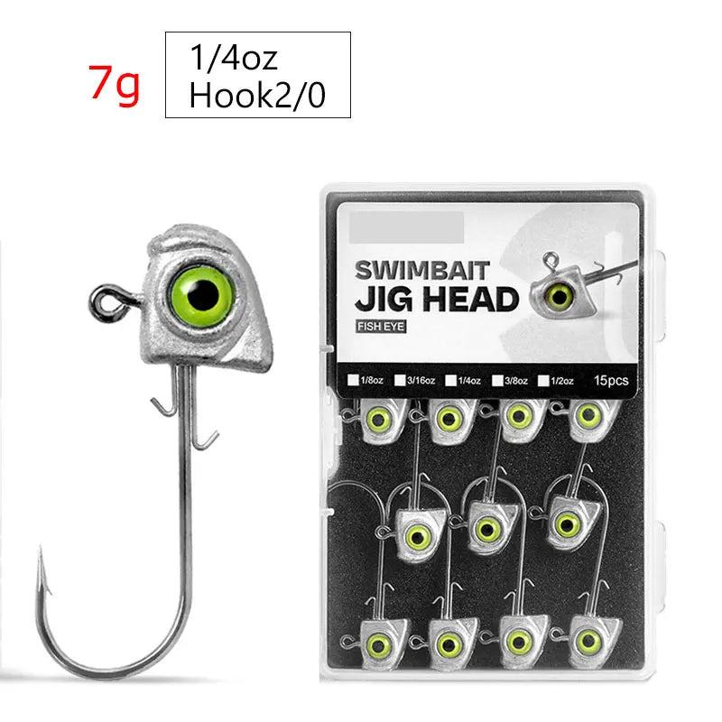 15pcs Jig Head Hook Set | 3.5g–14g Soft Plastic Jig Heads for Freshwater & Inshore Fishing