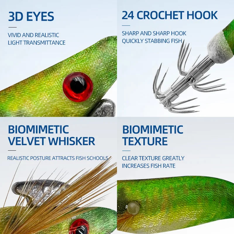 ShareShark Luminous Wooden Shrimp Squid Jigs | 10-Pack | 3D Eye Hard Squid Lures