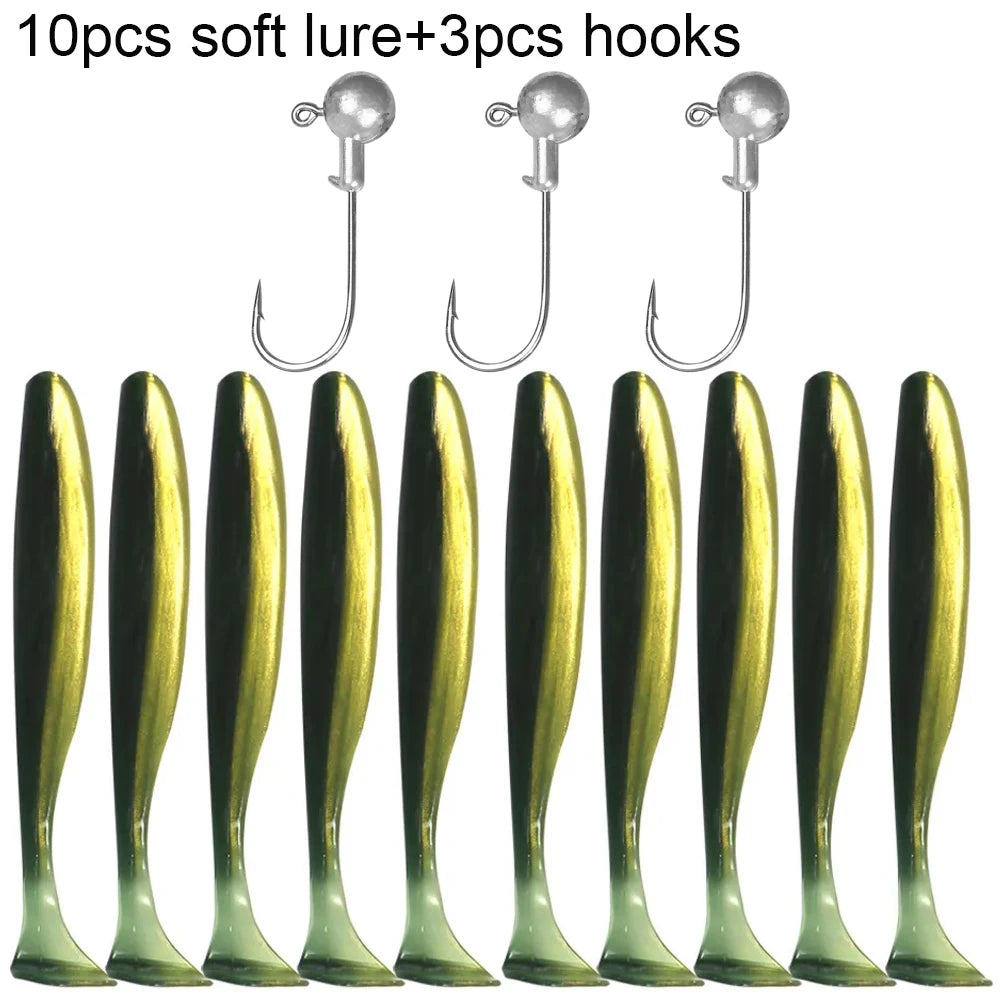 Soft Plastic Lure Kit | 10pcs T-Tail Worms + 3 Jig Heads | 5.5cm–10cm Swimbait Set