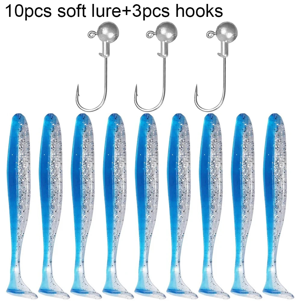 Soft Plastic Lure Kit | 10pcs T-Tail Worms + 3 Jig Heads | 5.5cm–10cm Swimbait Set