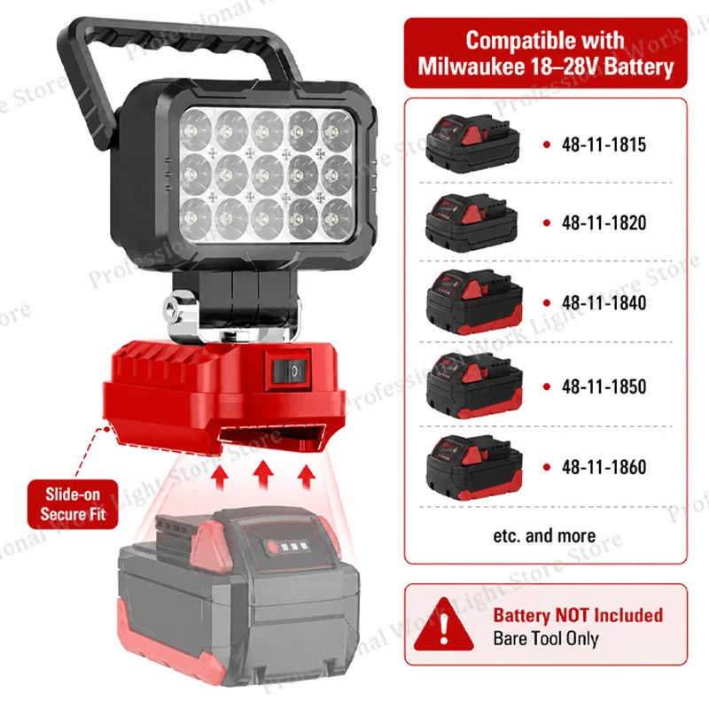 18V Battery LED Work Light For Milwaukee | Portable Jobsite & Fishing Lamp | Tool Battery Powered