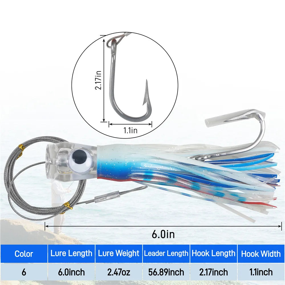 6-Piece Big Game Trolling Skirt Lure Set – 6” & 9” Lures with 7/0 Hooks & 150 lb Leader
