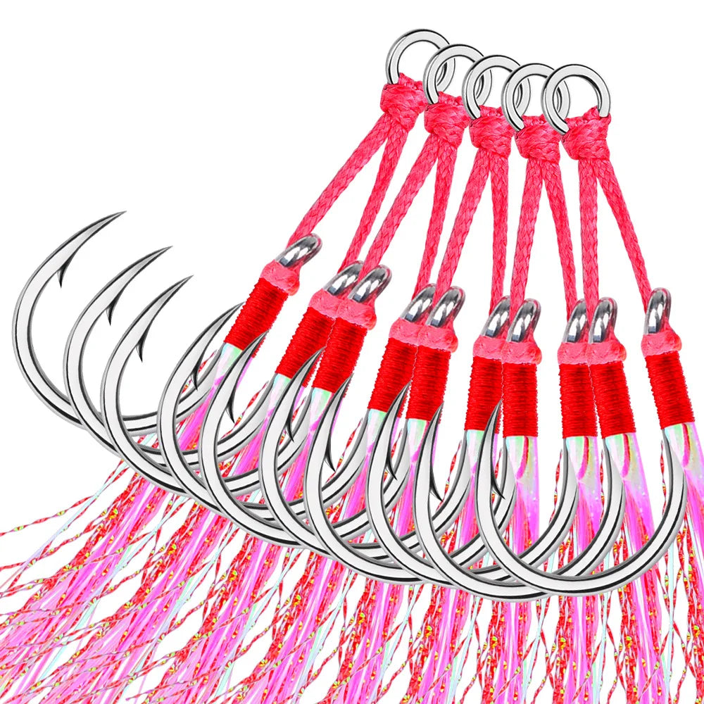 Double Barbed Assist Hooks (5 Pairs) | Pink Skirts | Saltwater Jigging Hooks