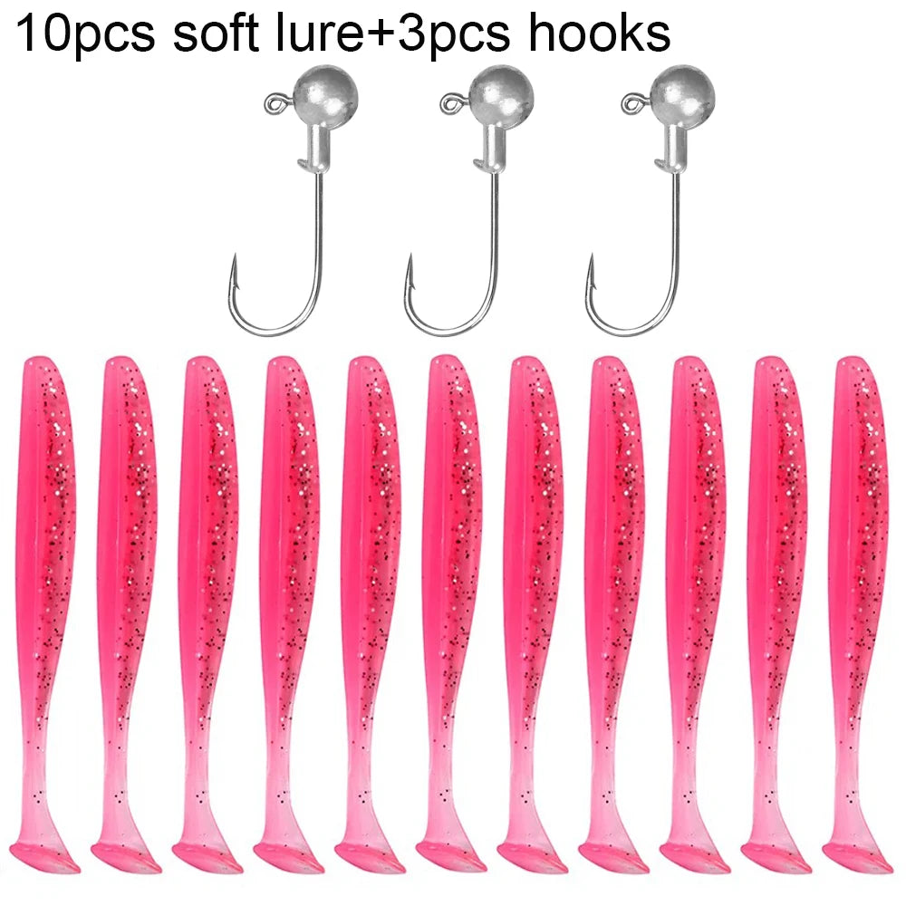 Soft Plastic Lure Kit | 10pcs T-Tail Worms + 3 Jig Heads | 5.5cm–10cm Swimbait Set