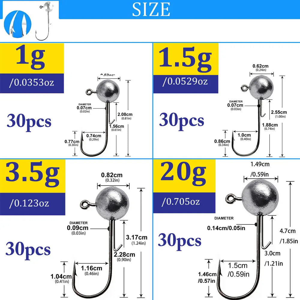 30-Piece Jig Head Hook Set | 1–20g Assorted Weights | Soft Plastic Fishing Hooks