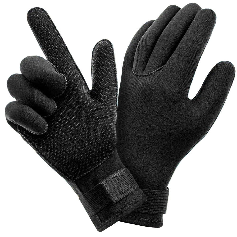 Black gloves with wrist straps against a background of underwater scenery
