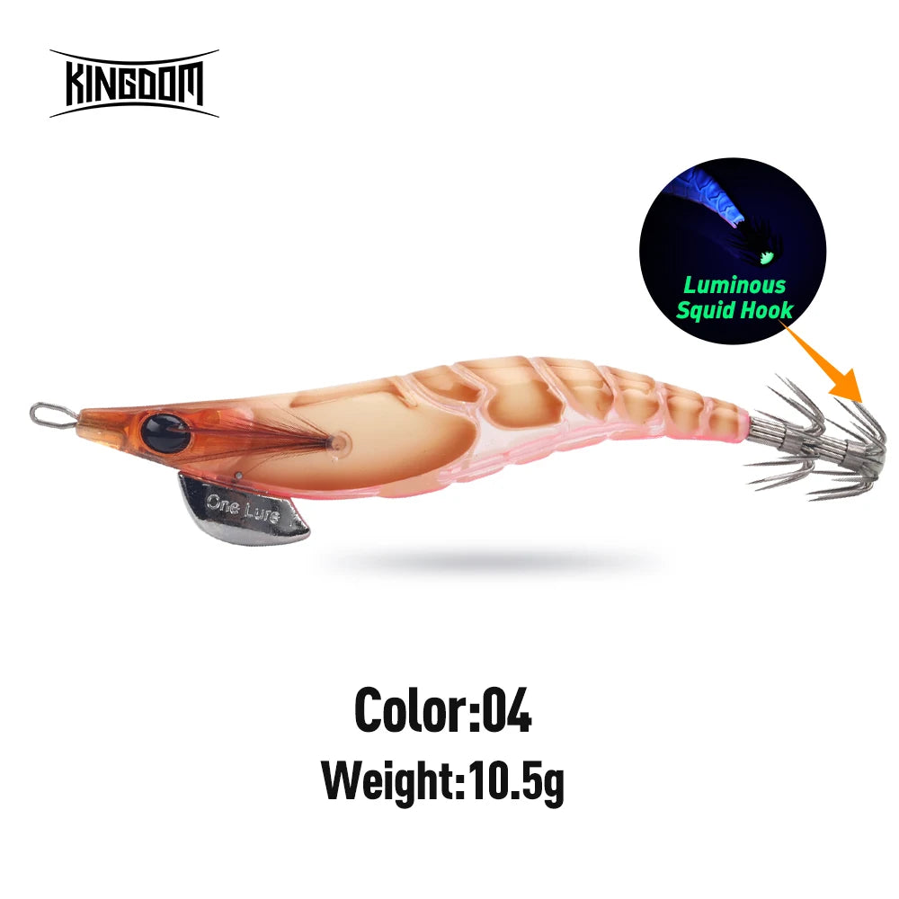 Kingdom EGI Squid Jig | Slow-Sinking Luminous Squid Lure | Wood Shrimp Style | Sizes 1.8–3.5