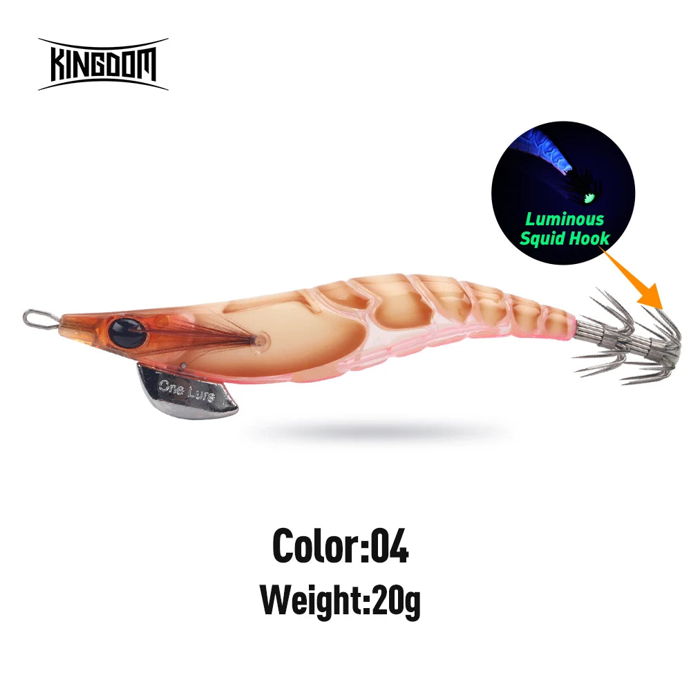 Kingdom EGI Squid Jig | Slow-Sinking Luminous Squid Lure | Wood Shrimp Style | Sizes 1.8–3.5