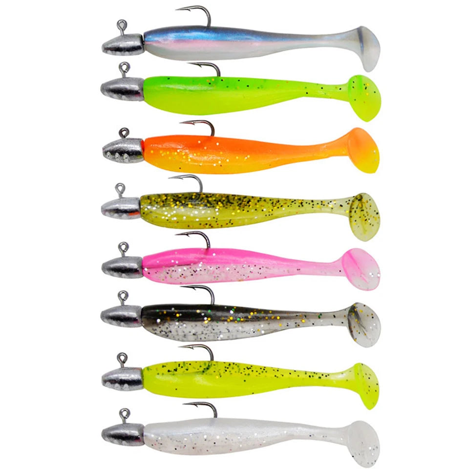 5pcs T-Tail Soft Lure Set with Jig Heads | Paddle Tail Swimbaits | Pre-Rigged Fishing Lures