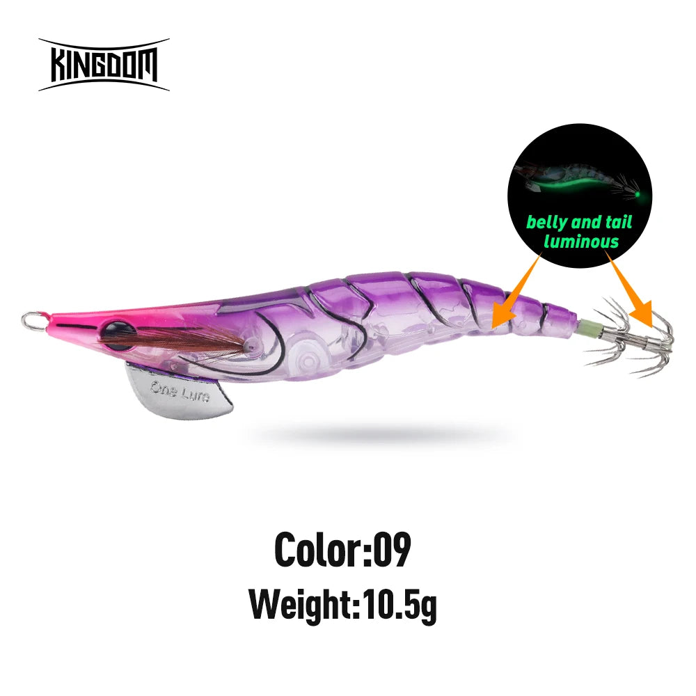 Kingdom EGI Squid Jig | Slow-Sinking Luminous Squid Lure | Wood Shrimp Style | Sizes 1.8–3.5