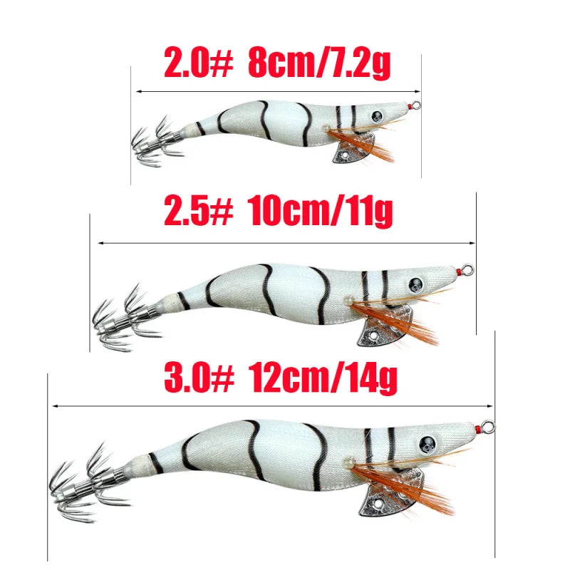 Full Body Luminous Wooden Shrimp Squid Jig | Sizes 2.0 / 2.5 / 3.0 | Squid & Cuttlefish Lure