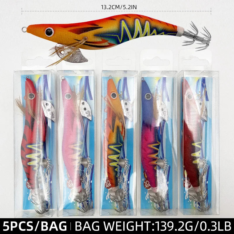 ShareShark Luminous Squid Jigs | 5-Pack | 13.2cm 20g | 3.5# Shrimp-Style Hardbody Lures