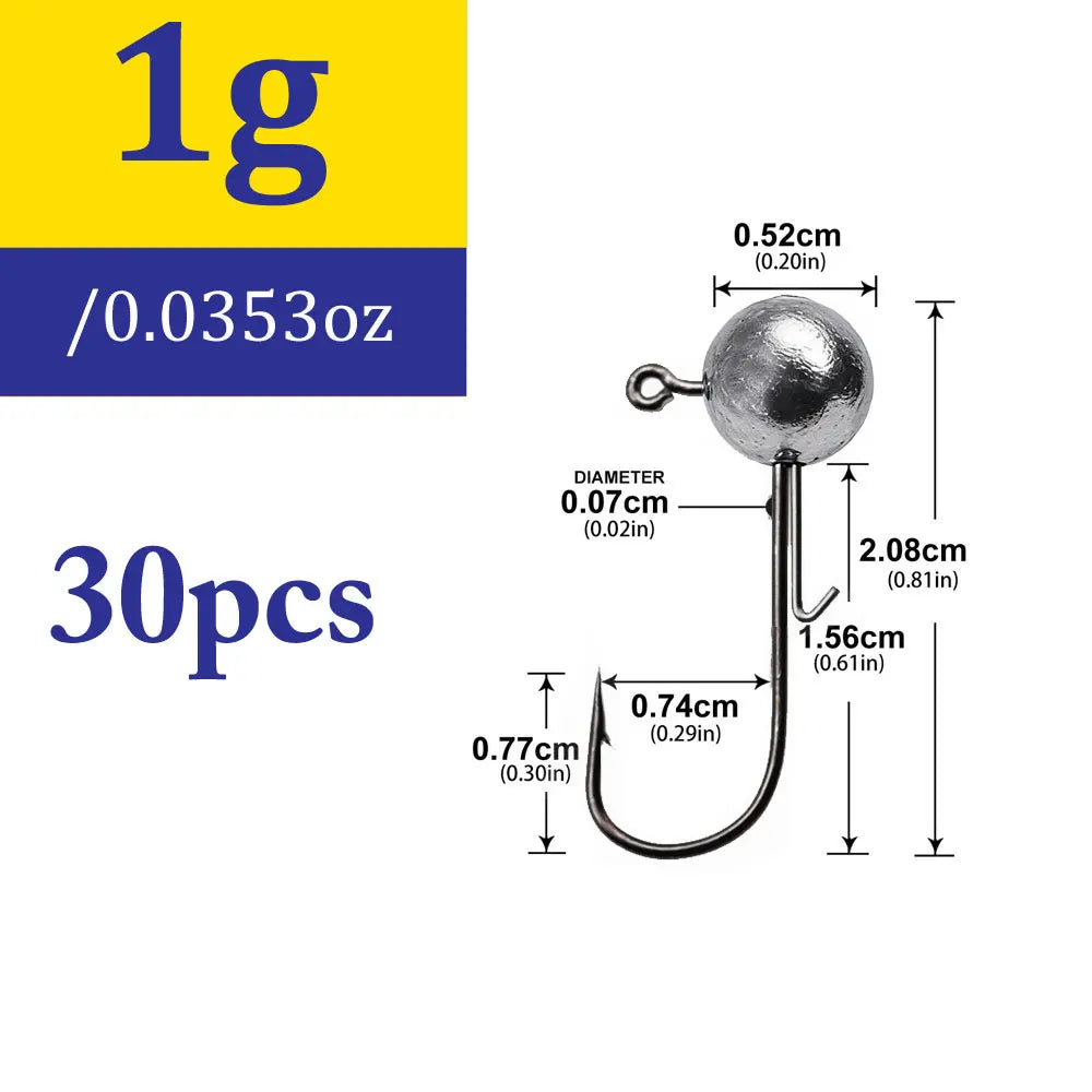 30-Piece Jig Head Hook Set | 1–20g Assorted Weights | Soft Plastic Fishing Hooks