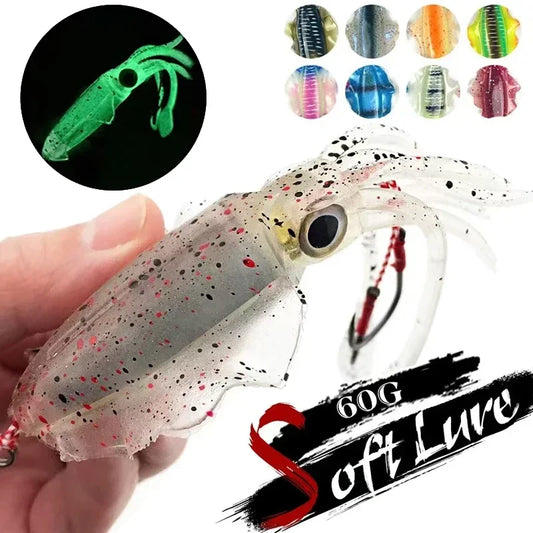 ZUKIBO Luminous Squid Soft Bait | 60g Octopus Head Jig | UV Glow | Deep Sea Trolling & Boat Fishing Lure