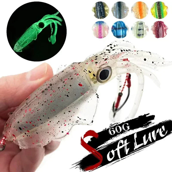 ZUKIBO Luminous Squid Soft Bait | 60g Octopus Head Jig | UV Glow | Deep Sea Trolling & Boat Fishing Lure