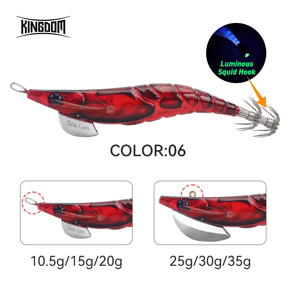Kingdom EGI Squid Jig | Slow-Sinking Luminous Squid Lure | Wood Shrimp Style | Sizes 1.8–3.5
