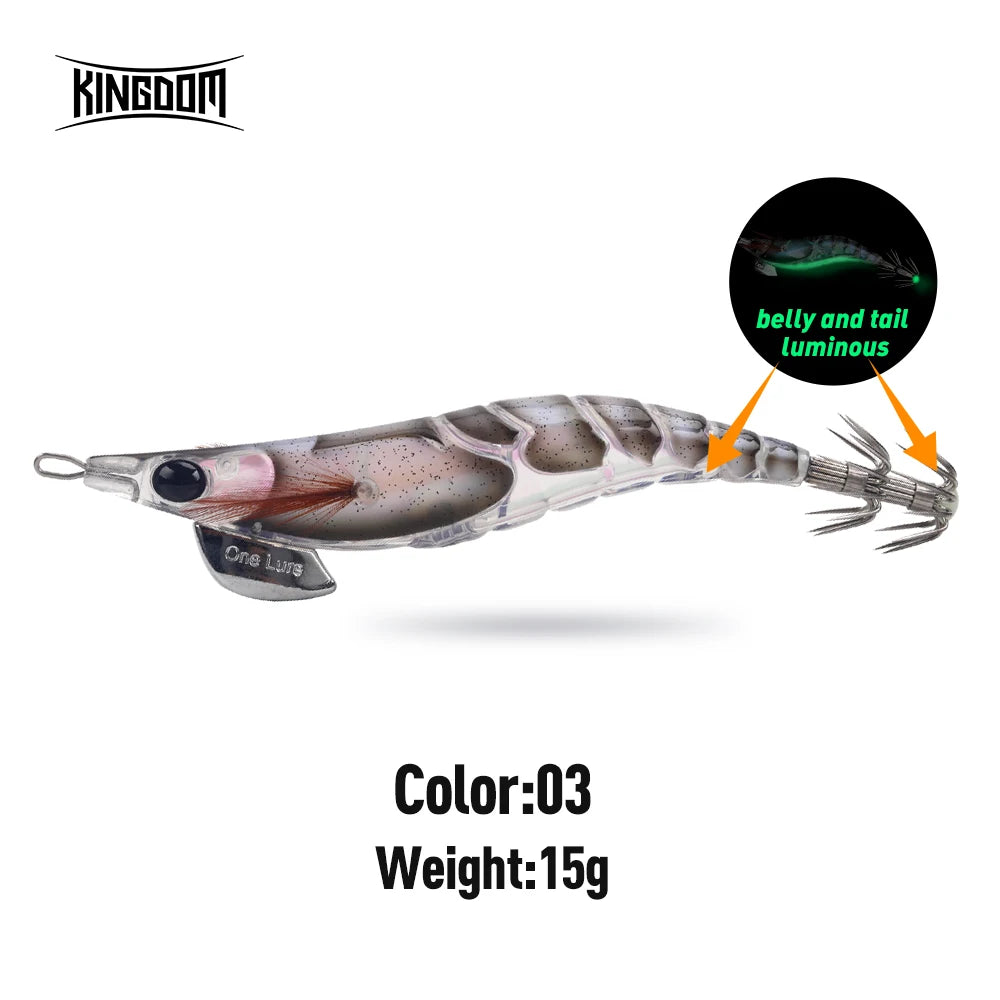Kingdom EGI Squid Jig | Slow-Sinking Luminous Squid Lure | Wood Shrimp Style | Sizes 1.8–3.5