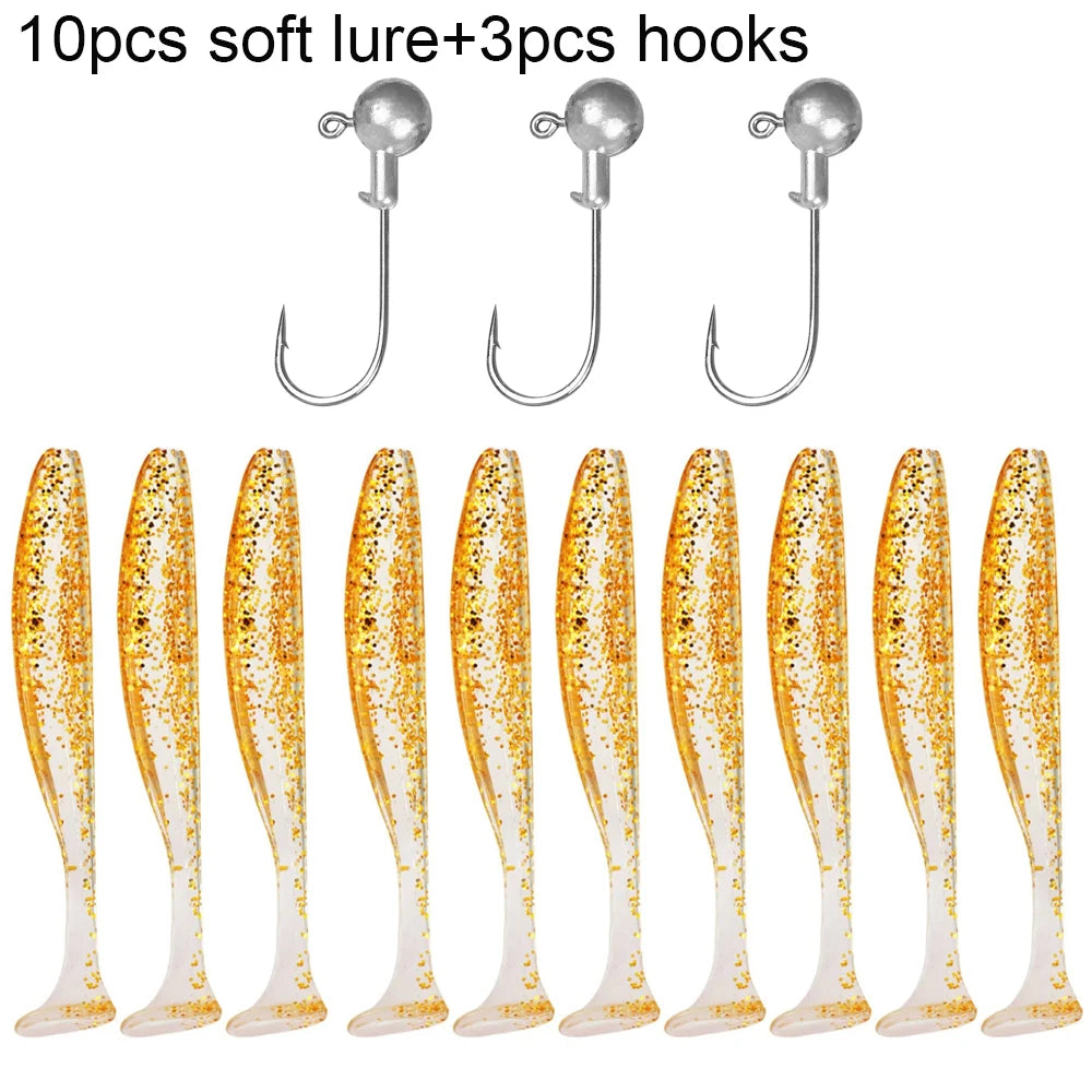 Soft Plastic Lure Kit | 10pcs T-Tail Worms + 3 Jig Heads | 5.5cm–10cm Swimbait Set