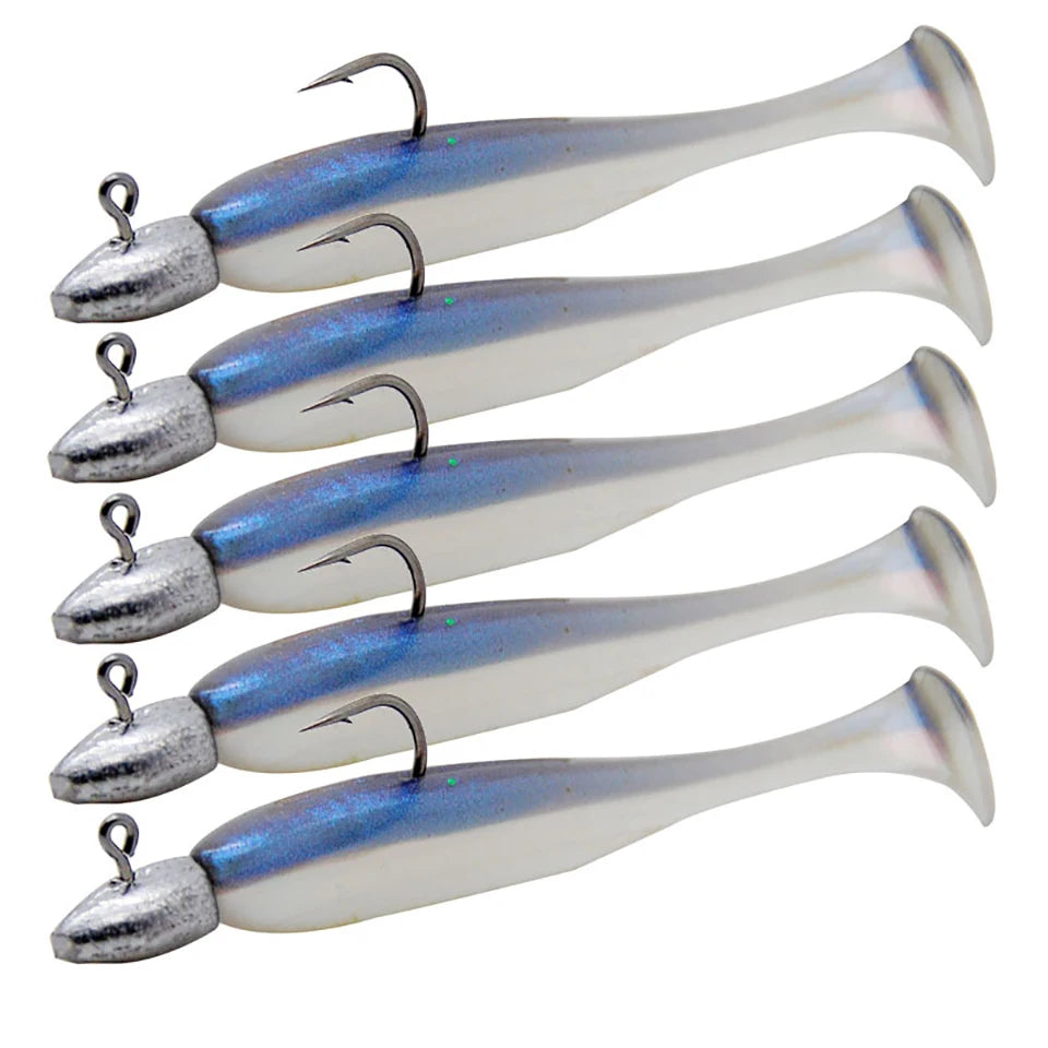 5pcs T-Tail Soft Lure Set with Jig Heads | Paddle Tail Swimbaits | Pre-Rigged Fishing Lures