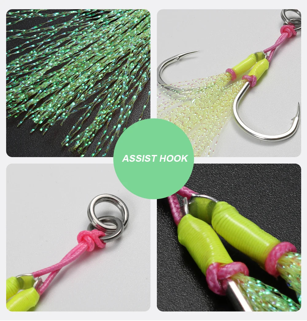 10 Pcs Double-Barbed Feathered Assist Hooks – Twin Jigging Hooks (Sizes 20# & 22#)