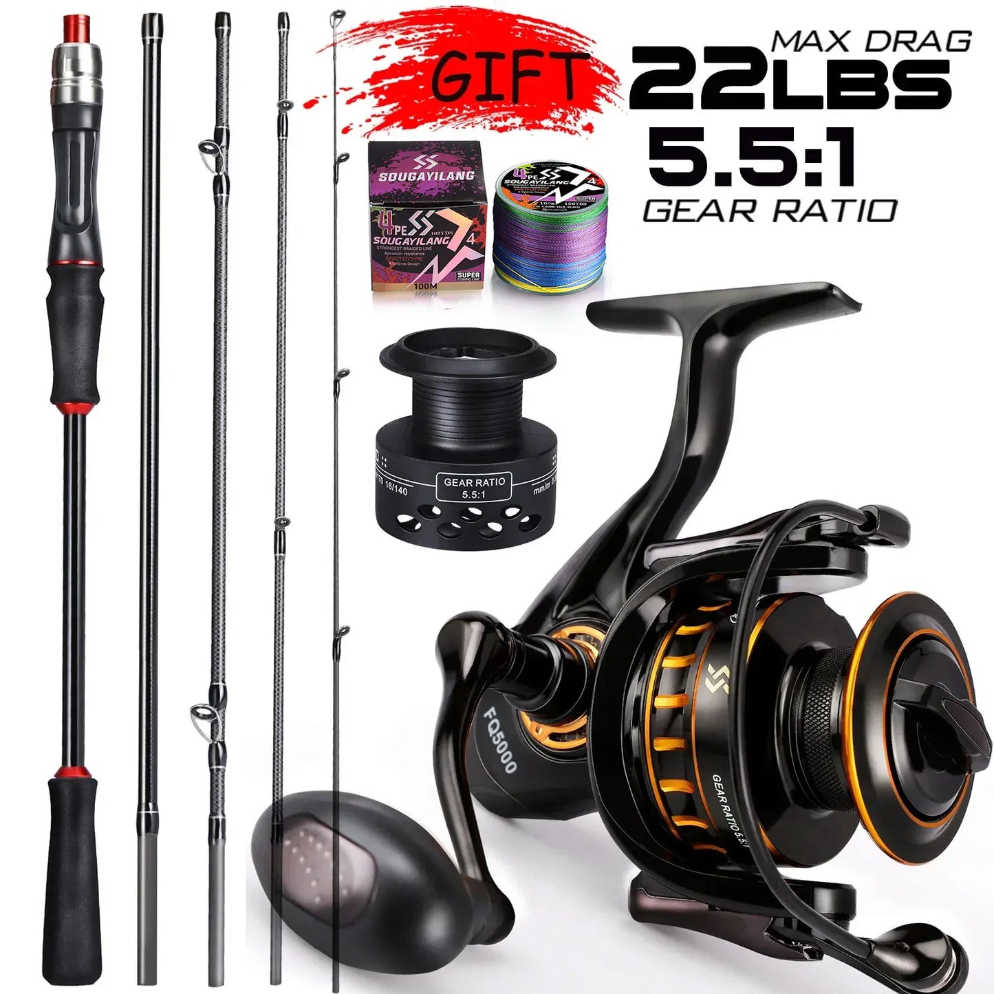 Sougayilang Ultralight Fishing Rod & Reel Combo | 1.8m / 2.1m Carbon Spinning Set | 10kg Drag