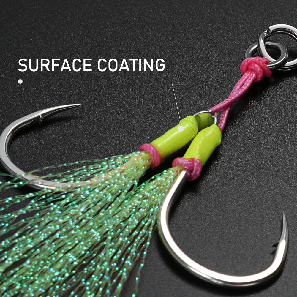 10 Pcs Double-Barbed Feathered Assist Hooks – Twin Jigging Hooks (Sizes 20# & 22#)