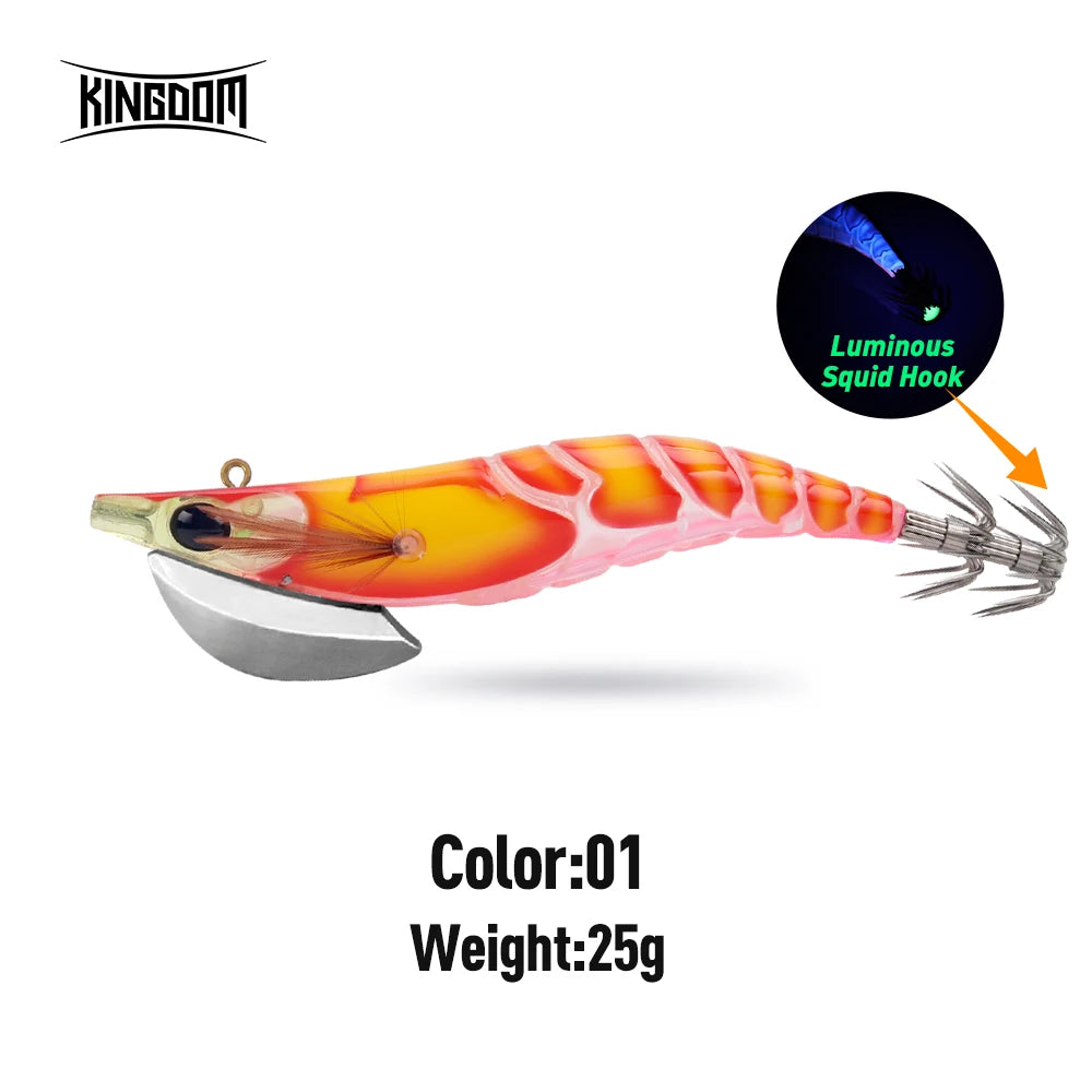 Kingdom EGI Squid Jig | Slow-Sinking Luminous Squid Lure | Wood Shrimp Style | Sizes 1.8–3.5
