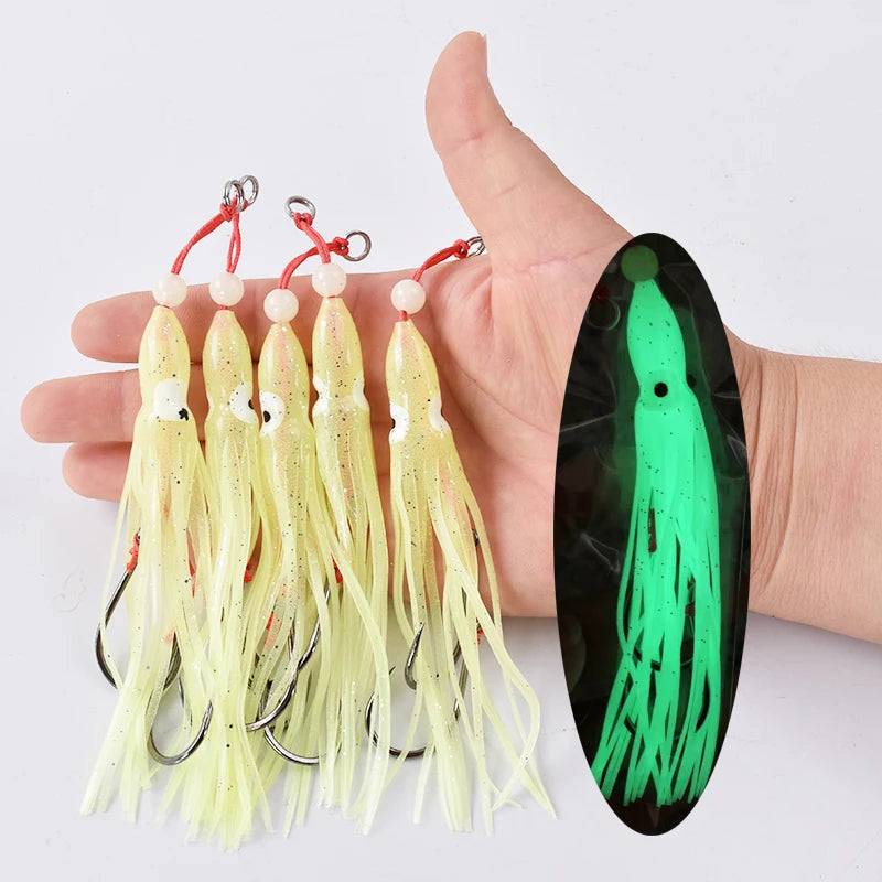 6-Piece Soft Squid Assist Hook Set – 12 cm / 5.5 g Silicone Skirt Rigs (15# Double Hooks, Saltwater)